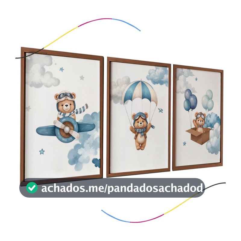 Conjunto de 3 Quadros Decorativos Infantis com moldura Urso Aviador em Azul Arte para Quarto de Bebê
