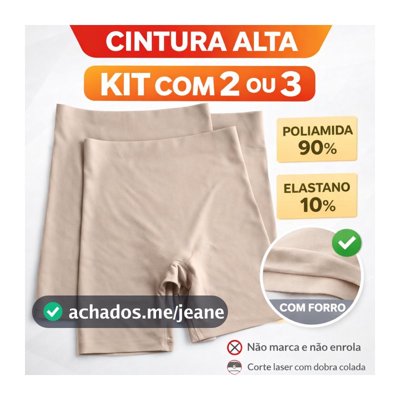 Kit Com 2 e 3 Shorts Cintura Alta Poliamida Segunda Pele Com Forro, Corte laser Dobra colada