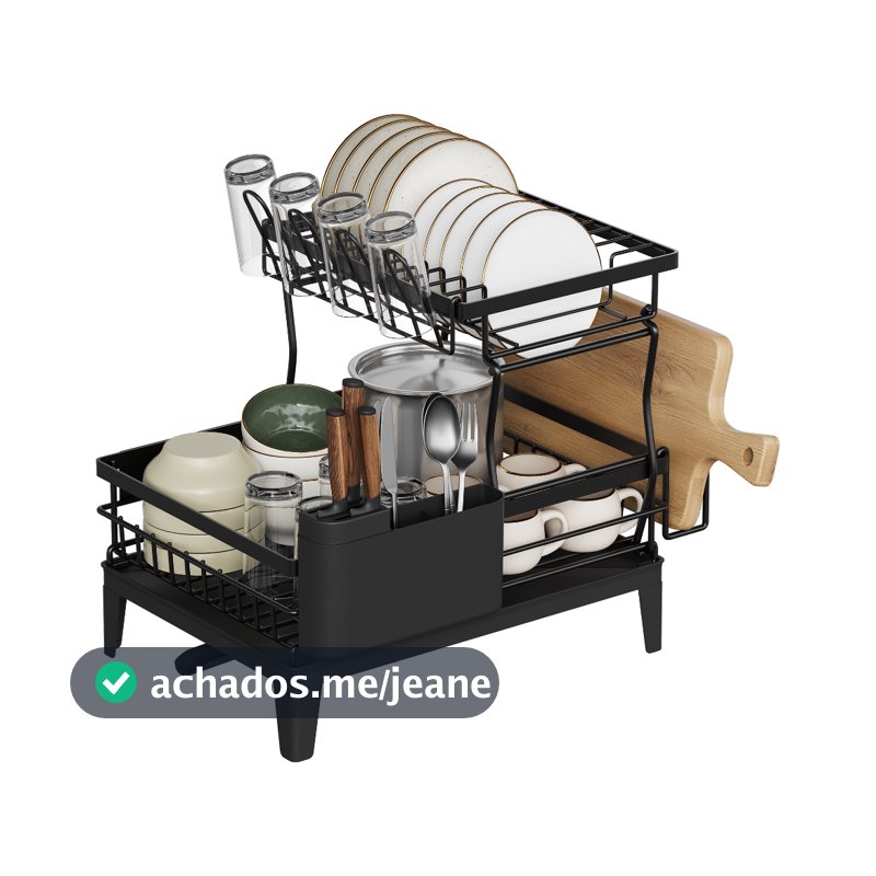 SONGMICS Escorredor de pratos 2 andares com suporte para talheres, dreno 360°, para bancada, com tabuleiro coletor
