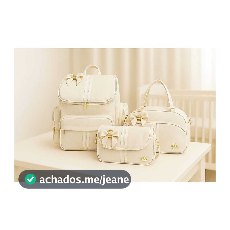 kit Maternidade Bebe Bolsa Marfin Mochila Luxo Laço 3 bolsas Bege
