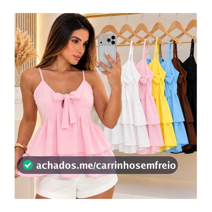 Blusa Feminina Liso Alça Fina com Laço Frontal Babado Moda Casual P M G