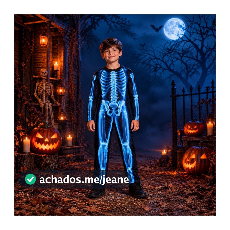 Fantasia Caveira Infantil Longa Com Gorro Esqueleto Raio-x de Halloween