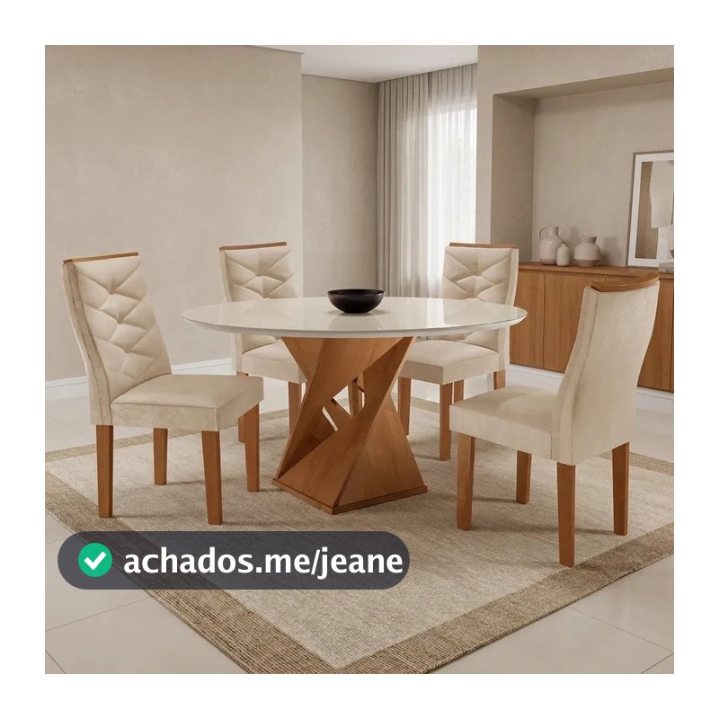 Conjunto Mesa de Jantar Redonda 4 Cadeiras Tampo de Vidro Barcelona Yescasa Cinamomo Off White Cinamomo/Off White/Suede
