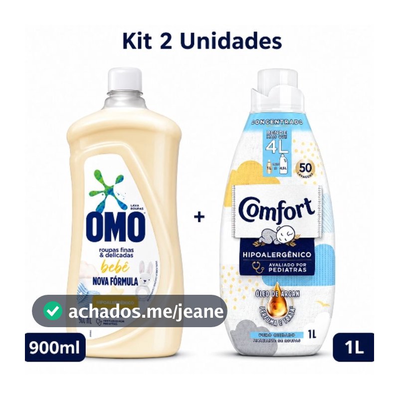 kit 1 Lava Roupas Omo Delicadas Bebê 900ml + 1 Amaciante Comfort Puro Cuidado 1L