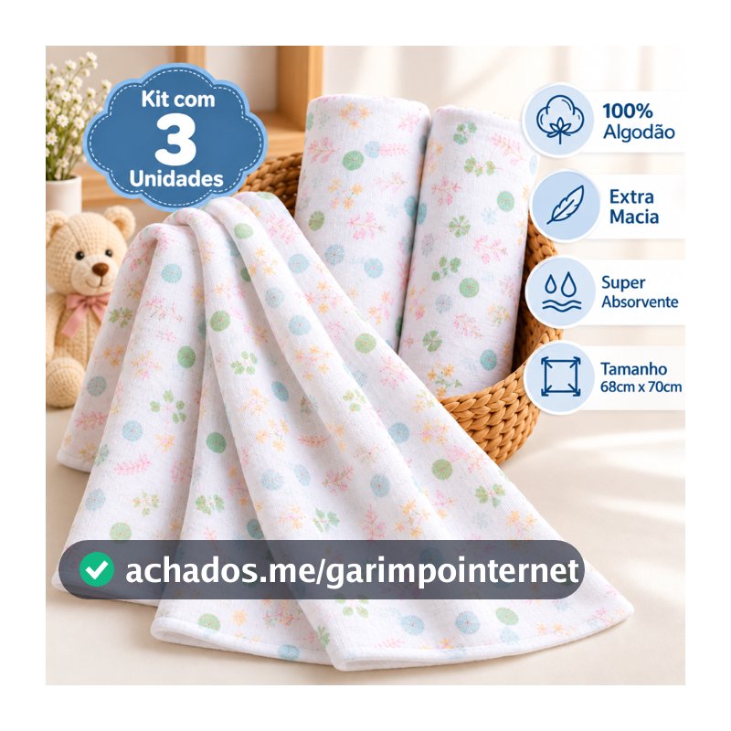 Kit 3 Fralda Pano De Ombro com Bainha Bebe Maternidade 100% Algodão Enxoval Macio Higiene