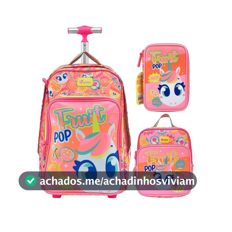 Kit Puket Mochila Rodinhas Lancheira Estojo Unicórnio Frutas