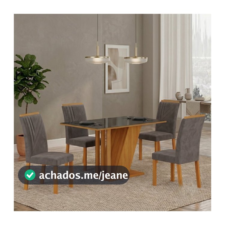 Conjunto Sala de Jantar Mesa Tampo Vidro/MDP com 4 Cadeiras Miami Yescasa Freijó/Chumbo Freijó/Chumbo