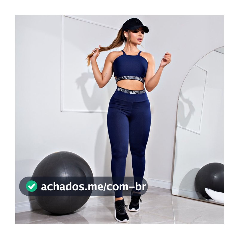 Conjunto Fitness Calça Legging Cintura Alta e Cropped Alcinha com Elásticos Racy para Treinar Roupa de Academia Feminina