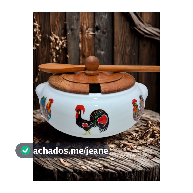 Farinheira de porcelana com tampa e colher de madeira - capacidade 500 ml - decoração galos