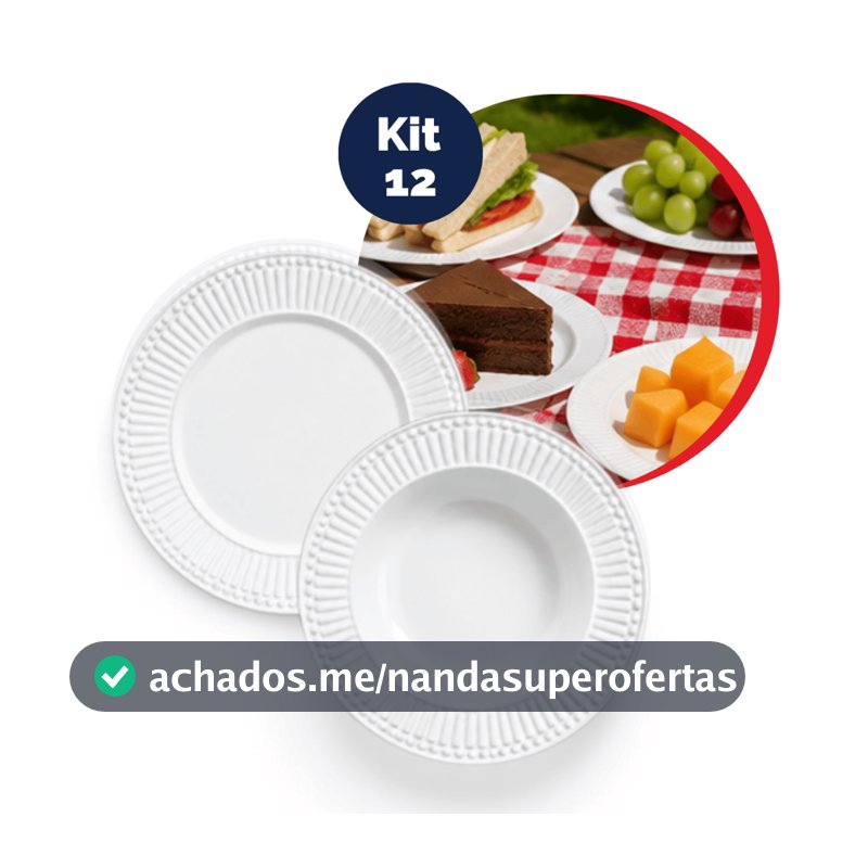Conjunto 6 Prato Raso e 6 Pratos Fundo Roma Branco 12 Peças 2ª Linha Porto Brasil  Raso Cerâmica Louça Mesa Posta