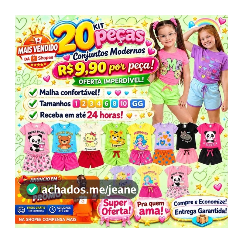 Kit 20 peças Conjunto Infantil Menina Estampado Infantil Verão Roupa de Bebê Criança Blogueirinha Personagens