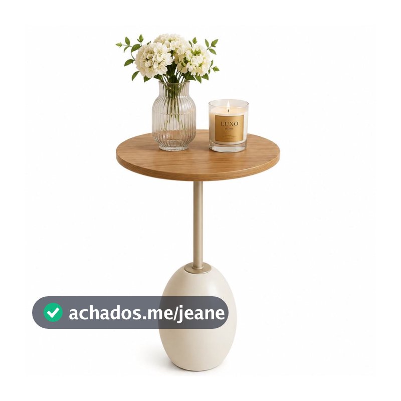 Mesa Lateral Base Luna Off White Madeira Natural Minimalista