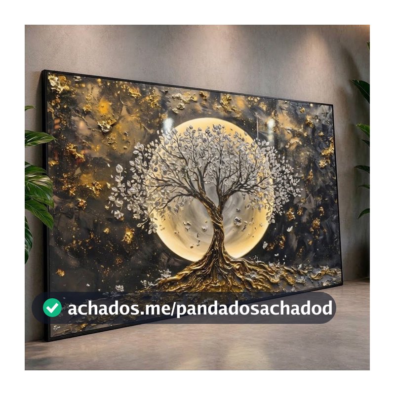 Quadro Decorativo 112X82 Full HD Lua Dourada Árvore Branca Paisagem Luxo Sala Quarto