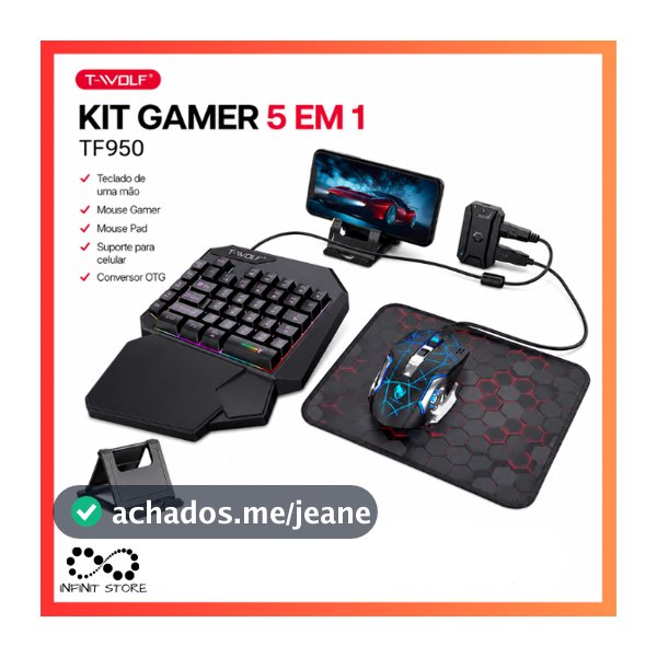 Kit Gamer 5 em 1 Teclado Gamer Uma Mão + Mouse LED + Mouse Pad + Suporte para Celular + Conversor OTG para Celular