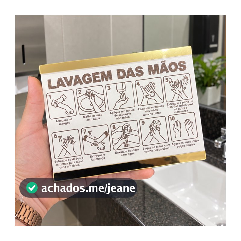 Placa Sinalização Lavagem das Mãos MDF Acrílico Espelhado Identificação Banheiro Lavabo Clínica 13x17cm
