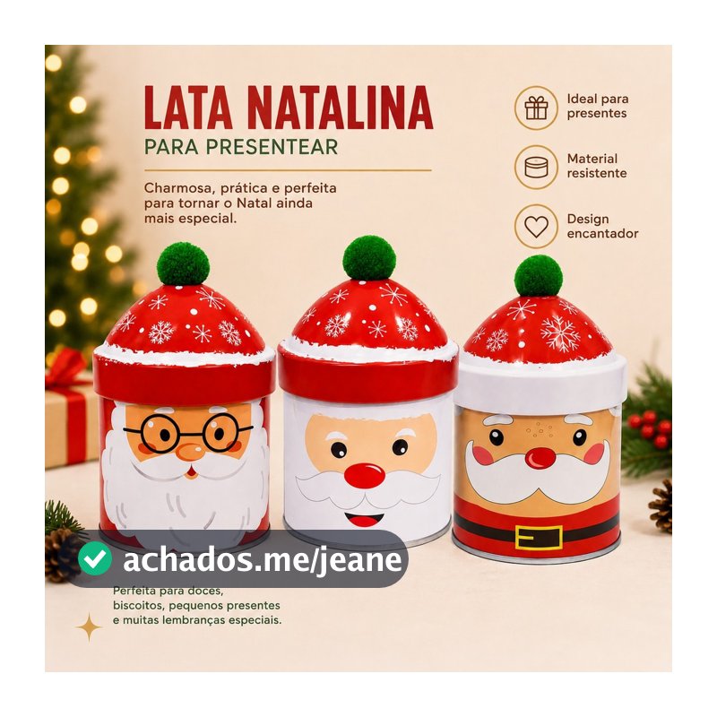 Lata De Natal Decorativa Redonda Com Tampa Pompom Papai Noel