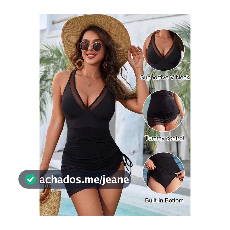 Conjunto Maiô + Saída de Praia 2 Peças Preto, Decote V com Tule, Modelador e Sensual