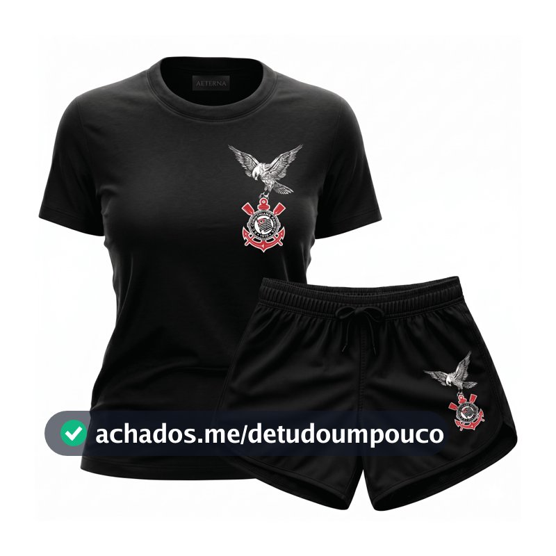 Conjunto Feminino Camisa e Shorts Gaviões Corinthians Timão Fiel SCCP Conjunto Preto e Branco