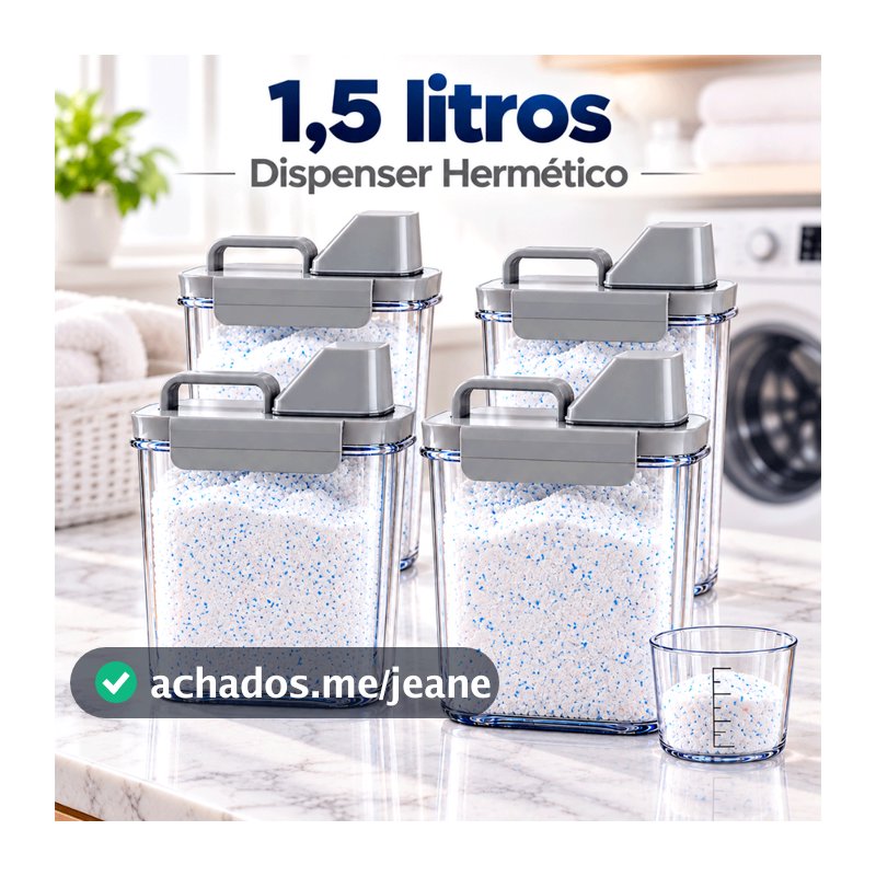 Kit Dispenser 1,5 Litros Hermético Organizador Armário Lavanderia Sabão Armário Cinza