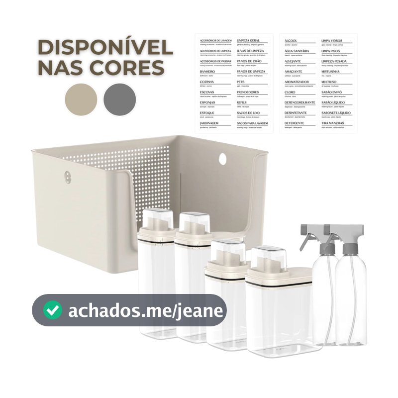Kit Para Lavanderia 7 Peças Cesto Organizador Dispenser Sabão Borrifador e Etiquetas
