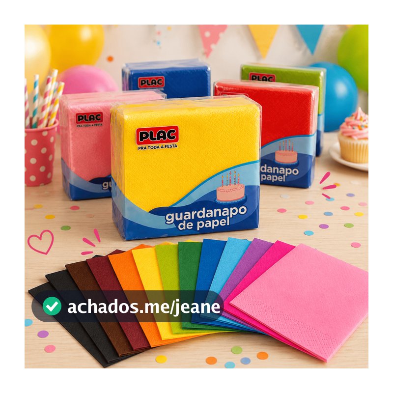 Guardanapo de Papel Colorido PLAC 50 a 250 Unidades 19,5x21,5cm Festa Aniversário 14 Cores