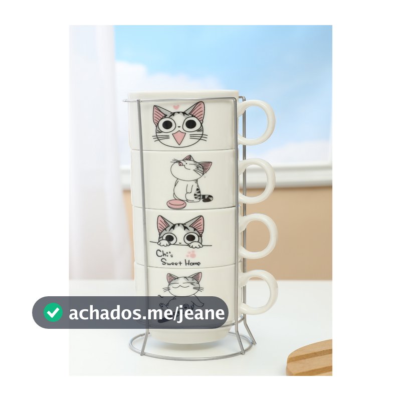 Jogo de Xícaras Café Chá 150ML Porcelana Frases com Suporte de Metal