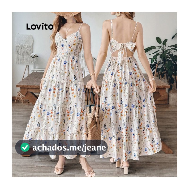 Lovito Vestido Boho com babados na bainha e laço nas costas sem costas vestido primavera/verão para mulheres LK3ED132