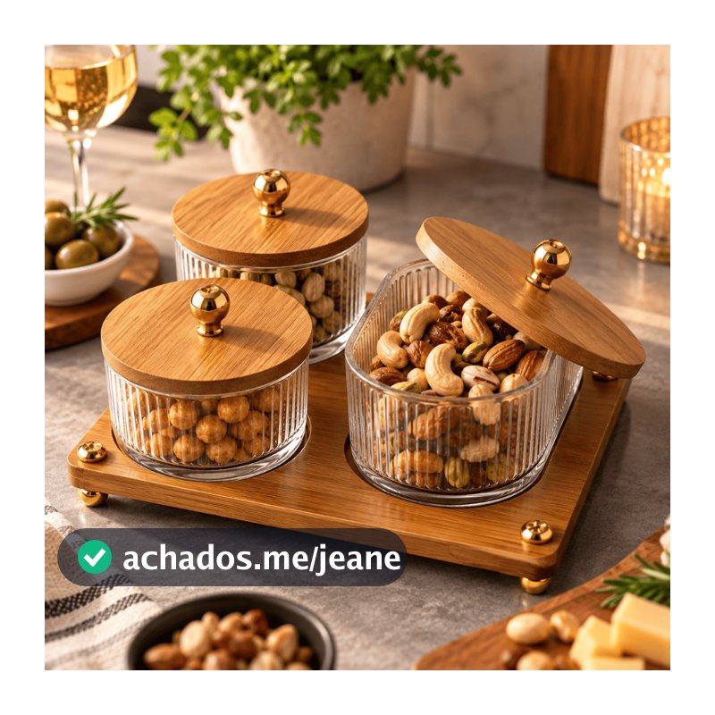 Kit Petisqueira 3 Potes de Vidro com Tampa Bambu e Bandeja para Petiscos