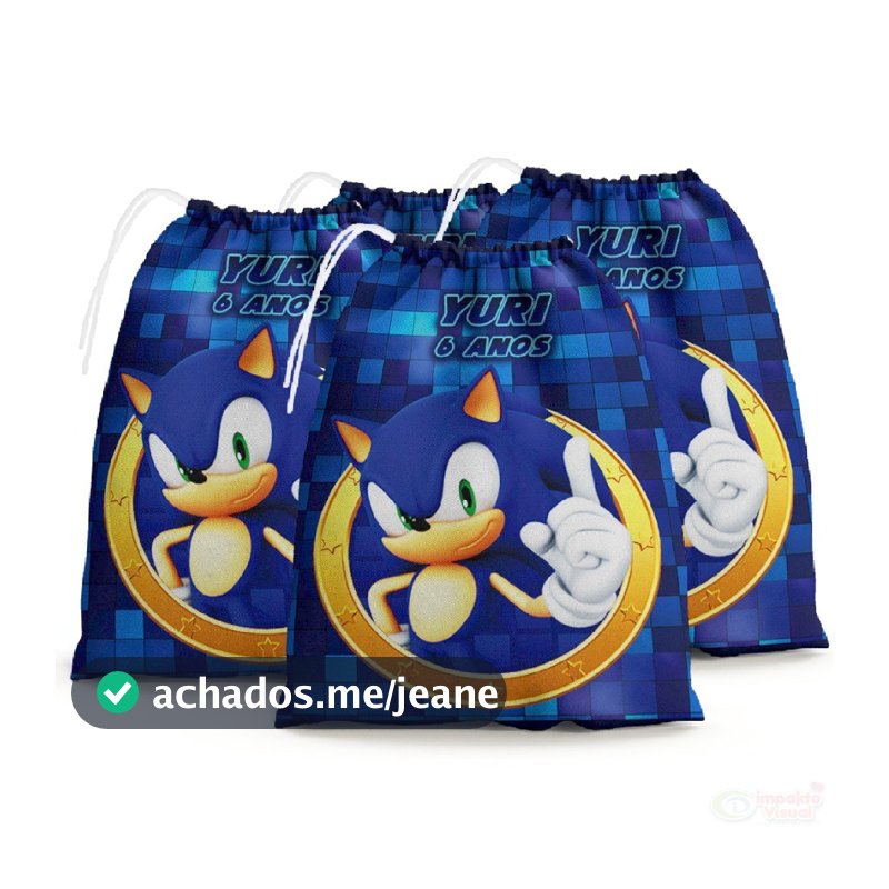 30 Sacolinhas Surpresa Personalizada Tecido Sonic Anel do Poder (15x20)