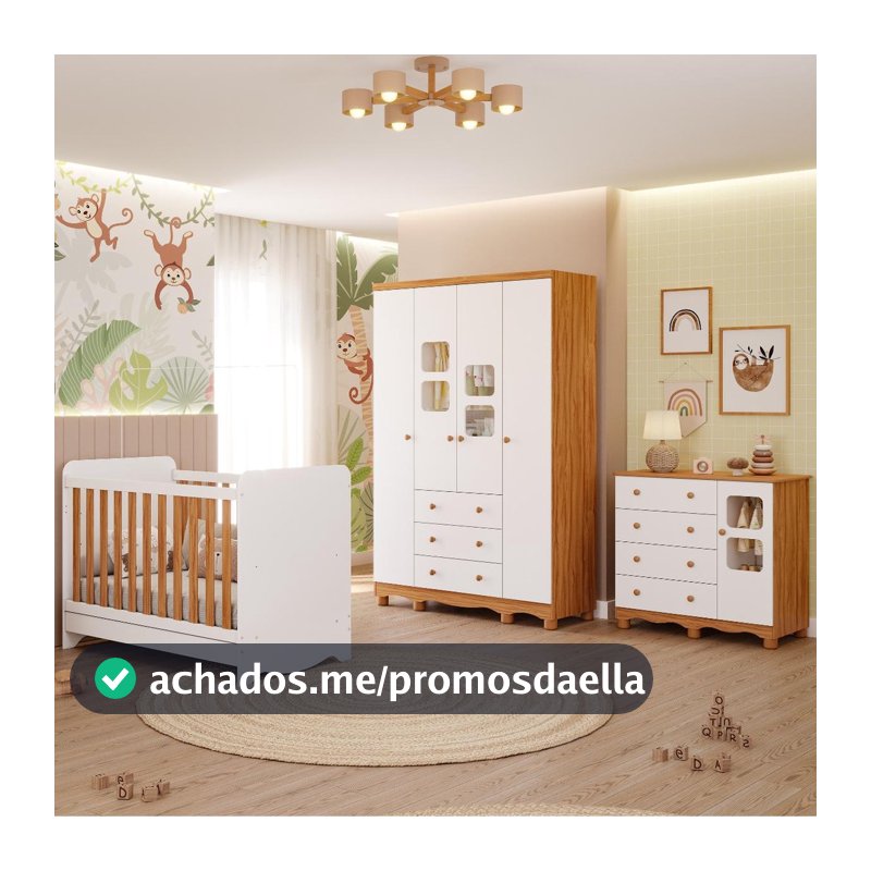 Quarto Bebê Completo Berço Americano Ben 3 Em1 Guarda Roupa 4 Portas e Cômoda Uli 4 Gavetas 100% MDF