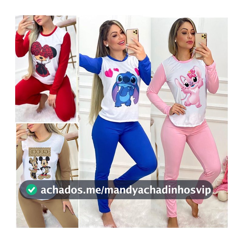 Pijama Feminino Manga Longa e Calça Luxo Inverno Personagens copia