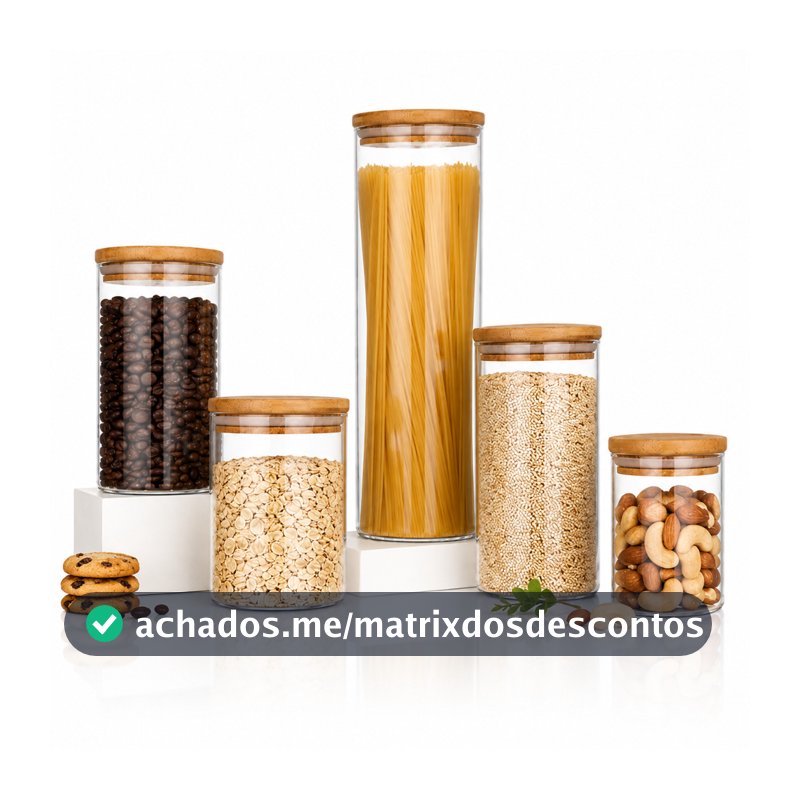 Kit Potes Mantimentos Vidro Herméticos Com Tampa Bambu Alta Resistência Epsilon Transparente