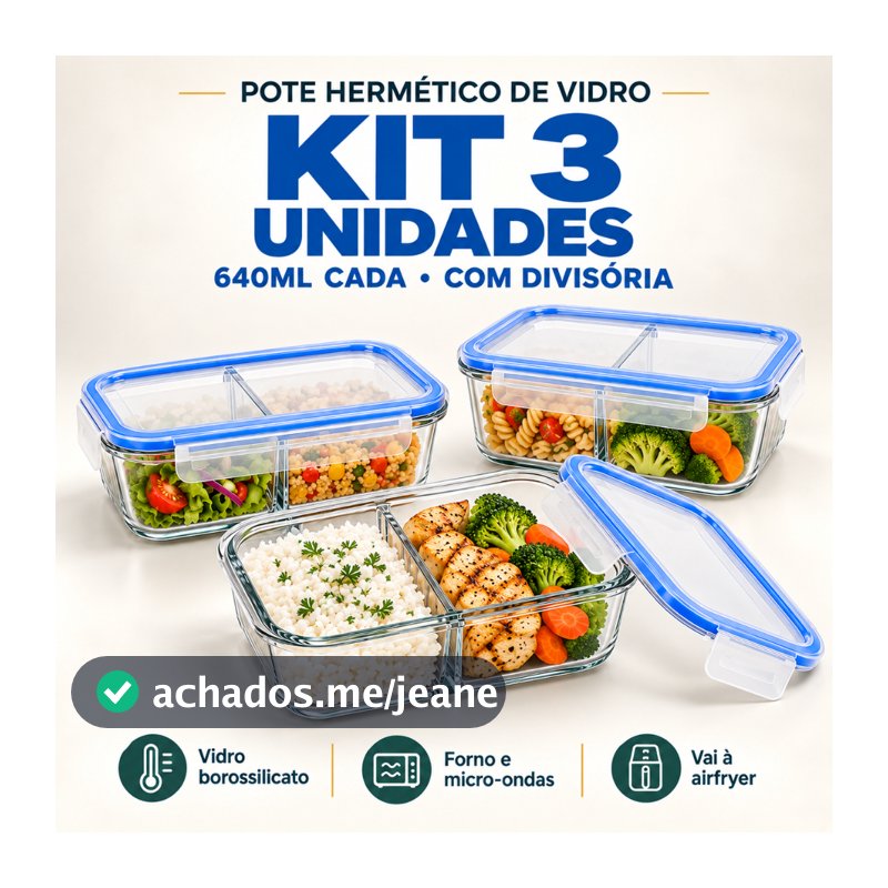Kit 3 Potes Hermético 640ml de Marmita Vidro Borossilicato com Divisória Air Fryer Forno Micro-Ondas