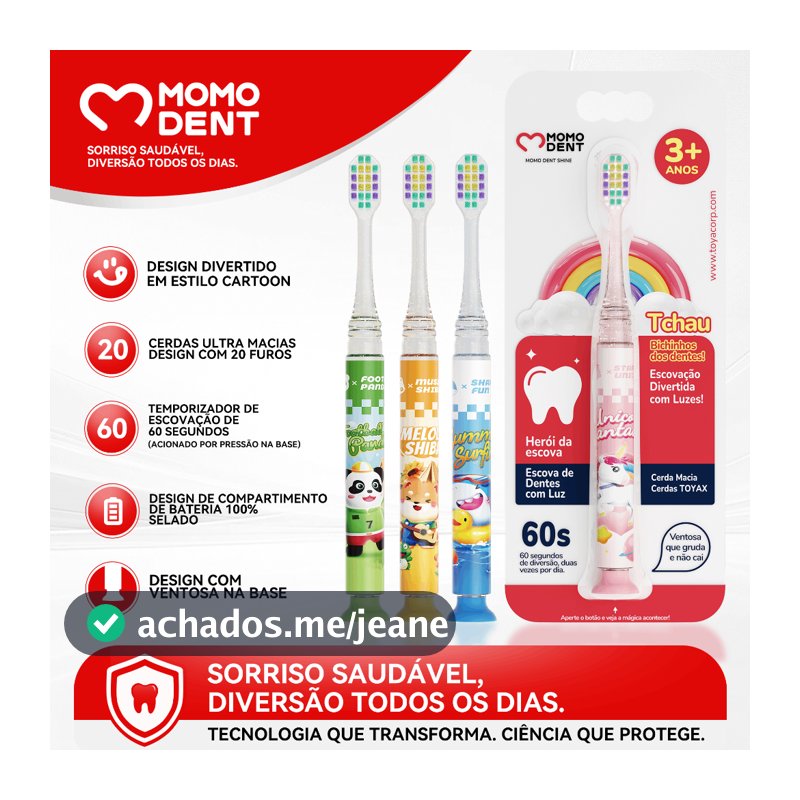 MOMODENT Escova Dental Infantil com Timer de Luz de 60s ,Indicada +3 Anos,Base Ventosa