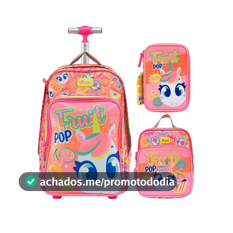 Kit Puket Mochila Rodinhas Lancheira Estojo Unicórnio Frutas