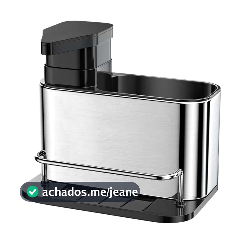 Dispenser Detergente Inox 3 em 1 Porta Esponja Organizador de Pia Powermaid Com Drenagem Cozinha Luxo Prata