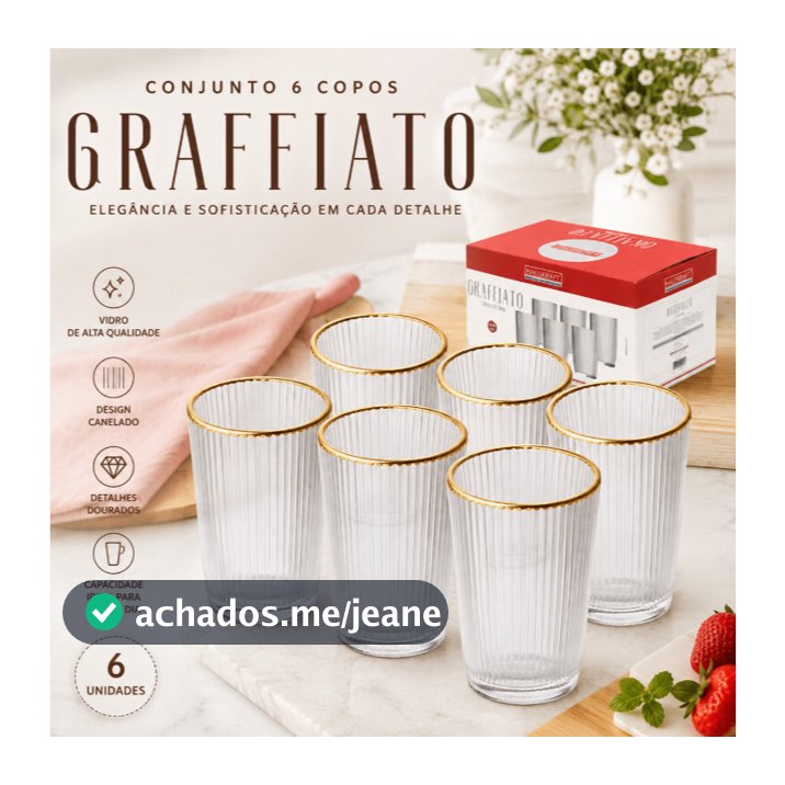Jogo 6 Copos Vidro  Grafiatto Borda Dourada 370ml Hauskraft