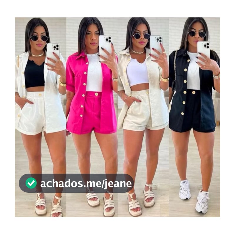 Conjunto Feminino Linho Short e Blazer Manga Curta Botões Moda Verão Casual