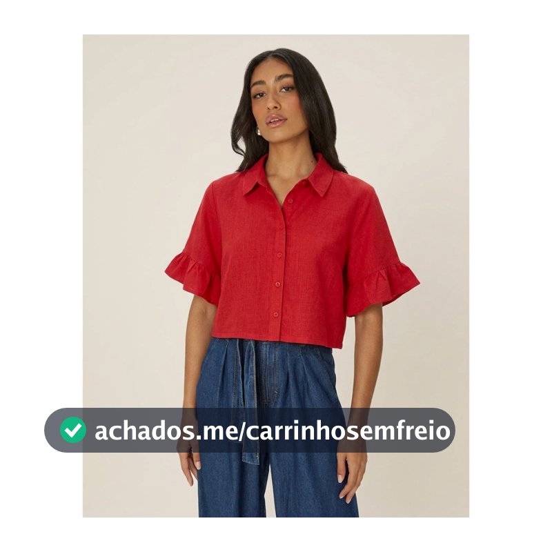 Camisa Cropped Feminina Manga Com Babado Em Viscolinho