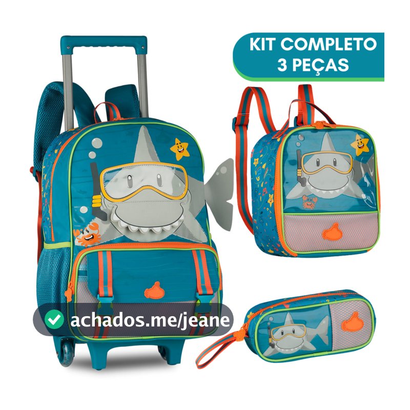 Kit Mochila Rodinha + Lancheira Termica + Estojo Menino Escolar Resistente