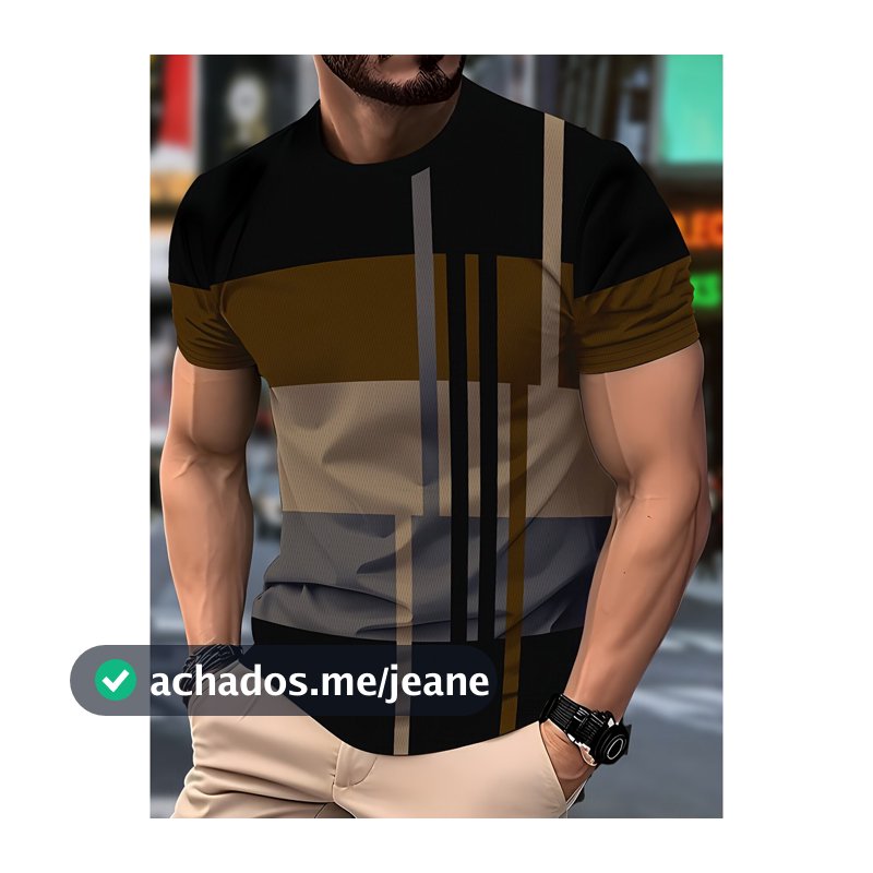 Camiseta Masculina Casual Colorida Em Bloco – Elegante Preto , Bege E Cinza Com Listras Verticais , Gola Redonda , Laváv