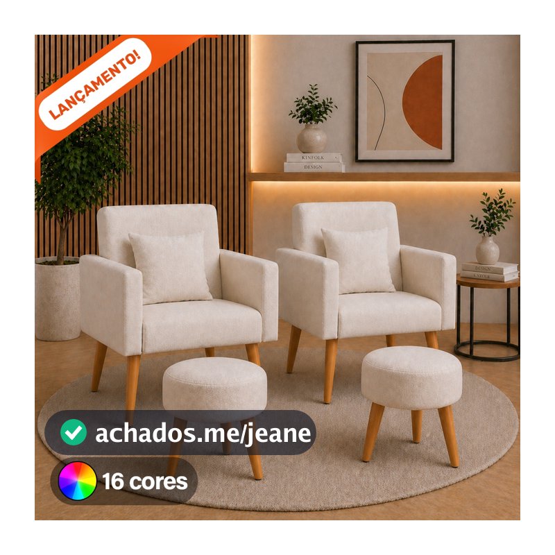Kit 2 Poltronas Sala Nina Almofadas e 2 Puff Redondo Suede