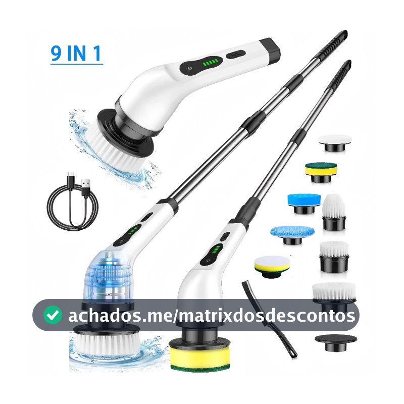 Escova De Limpeza 9 Em 1 Elétrica Giratória Com Cabo Alongador