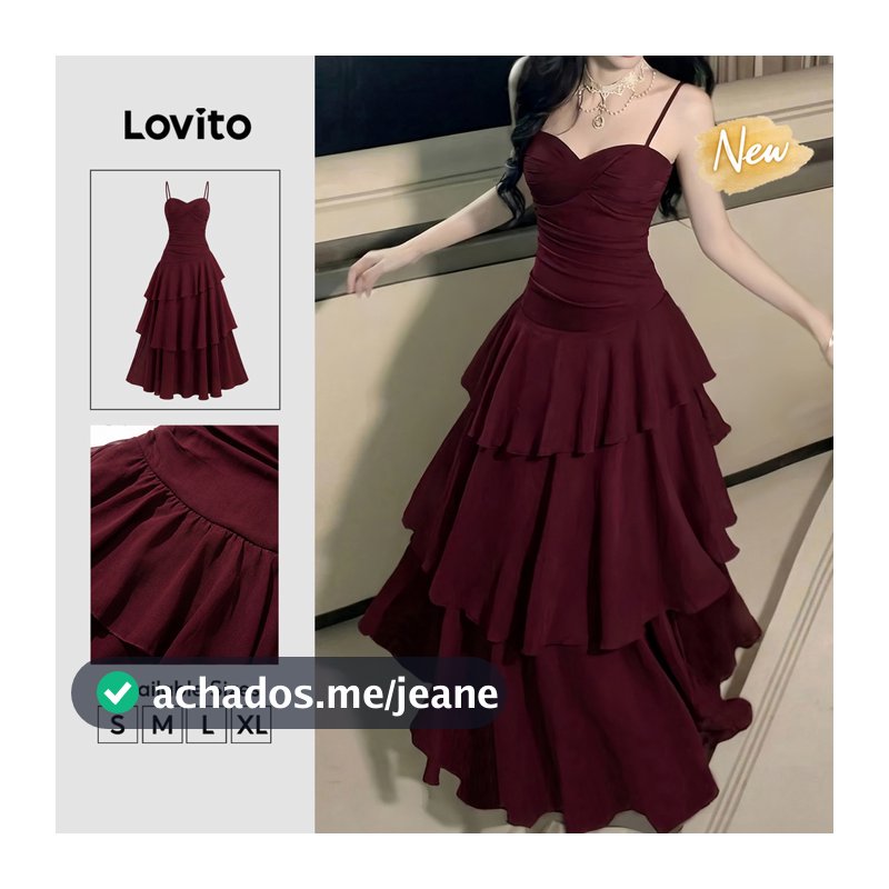 (New Arrival) Lovito Vestido Feminino Elegante Bordô Liso Longo Com Camadas Zíper E Corte Evasê Para Primavera E Verão Casual Para Fins De Semana E Férias DRK11BR255