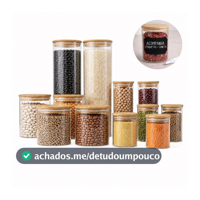 Conjunto c/ 12 Potes Herméticos de Vidro tamanhos variados e Tampa Bambu Organizador Cozinha Premium