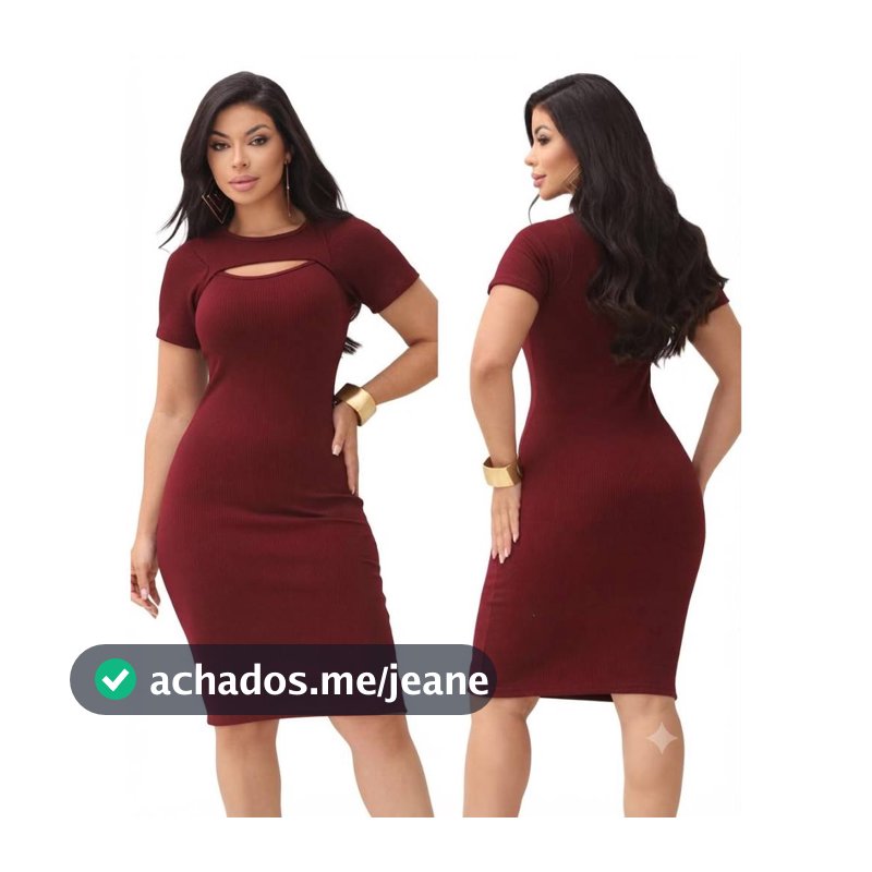 Vestido Feminino Midi Justo Com Decote Vazado Manga Curta Canelado Tecido Canelado Casual P M G GG