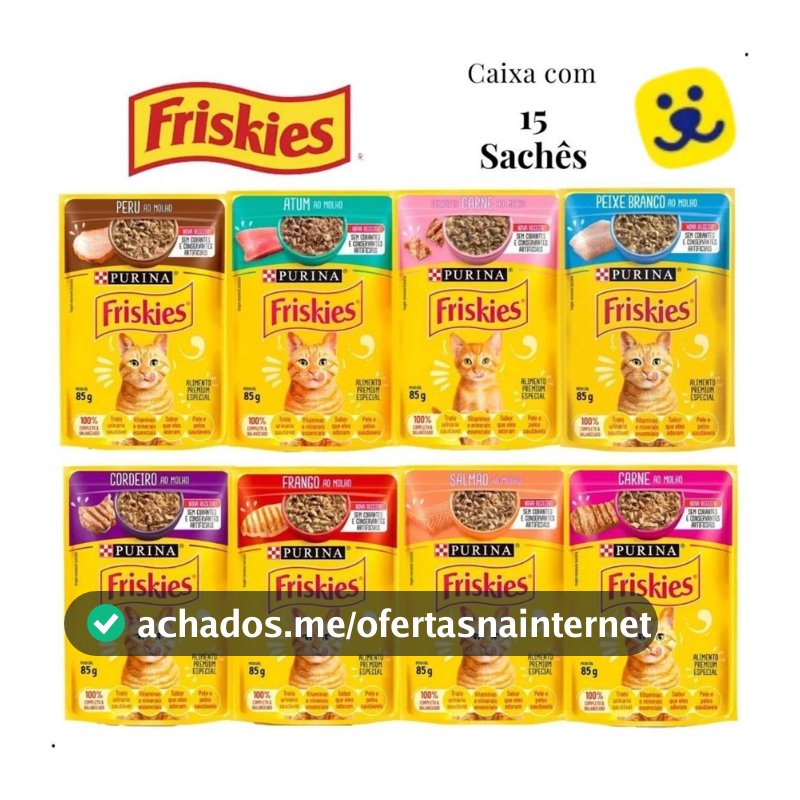 Kit 15 unid Sachê Friskies Alimento Úmido Gatos Carne Frango Atum Peixe Branco Cordeiro Salmão Peru