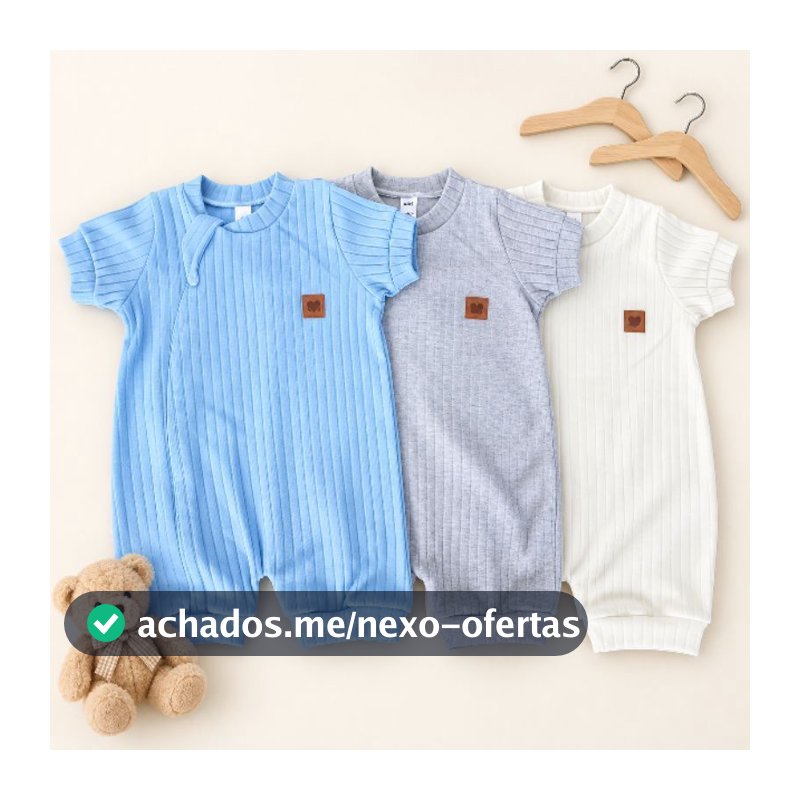 kit 3 macacões curto suedine liso para bebês cores minimalista