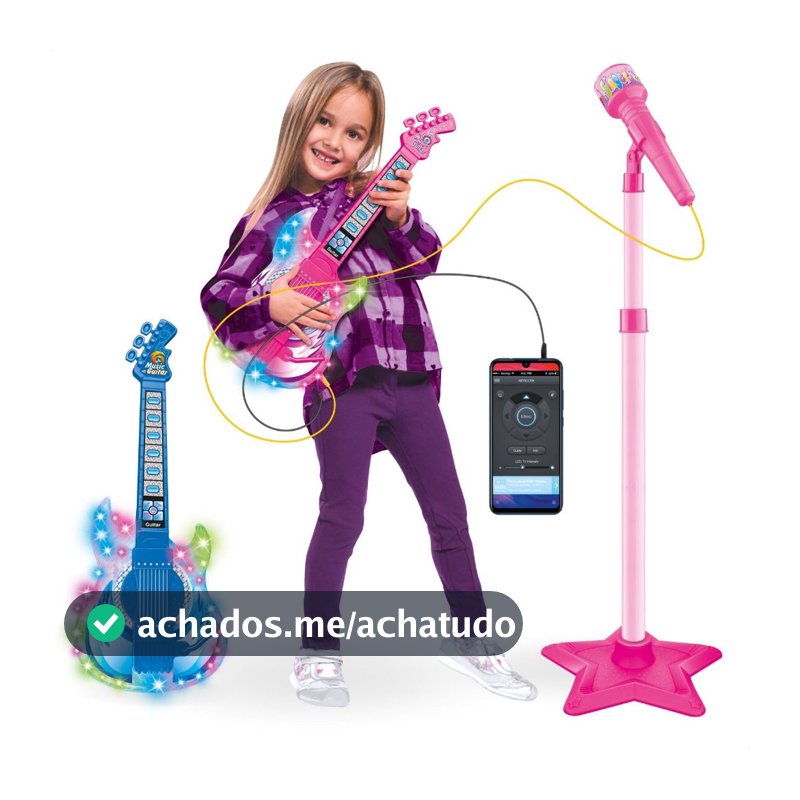 Guitarra e Microfone Infantil Instrumento Brinquedo Musical com Luz e Som