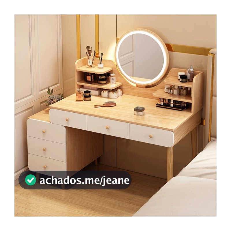 Novo estilo Penteadeira Elegante Com 6 Gavetas Espelho Redondo E Luz De Led Ajustável Toucador Armário Lateral Móvel